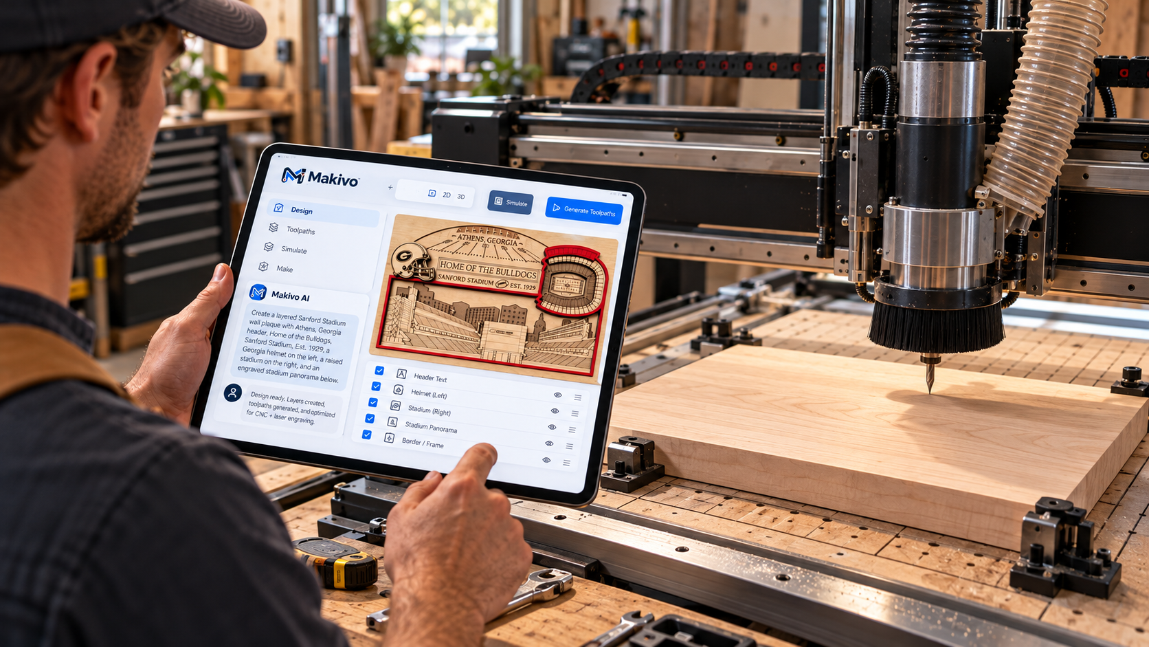 A woodworker holds an iPad running Makivo with the plaque design and its layer list open, beside a CNC router with a wood blank clamped to the bed