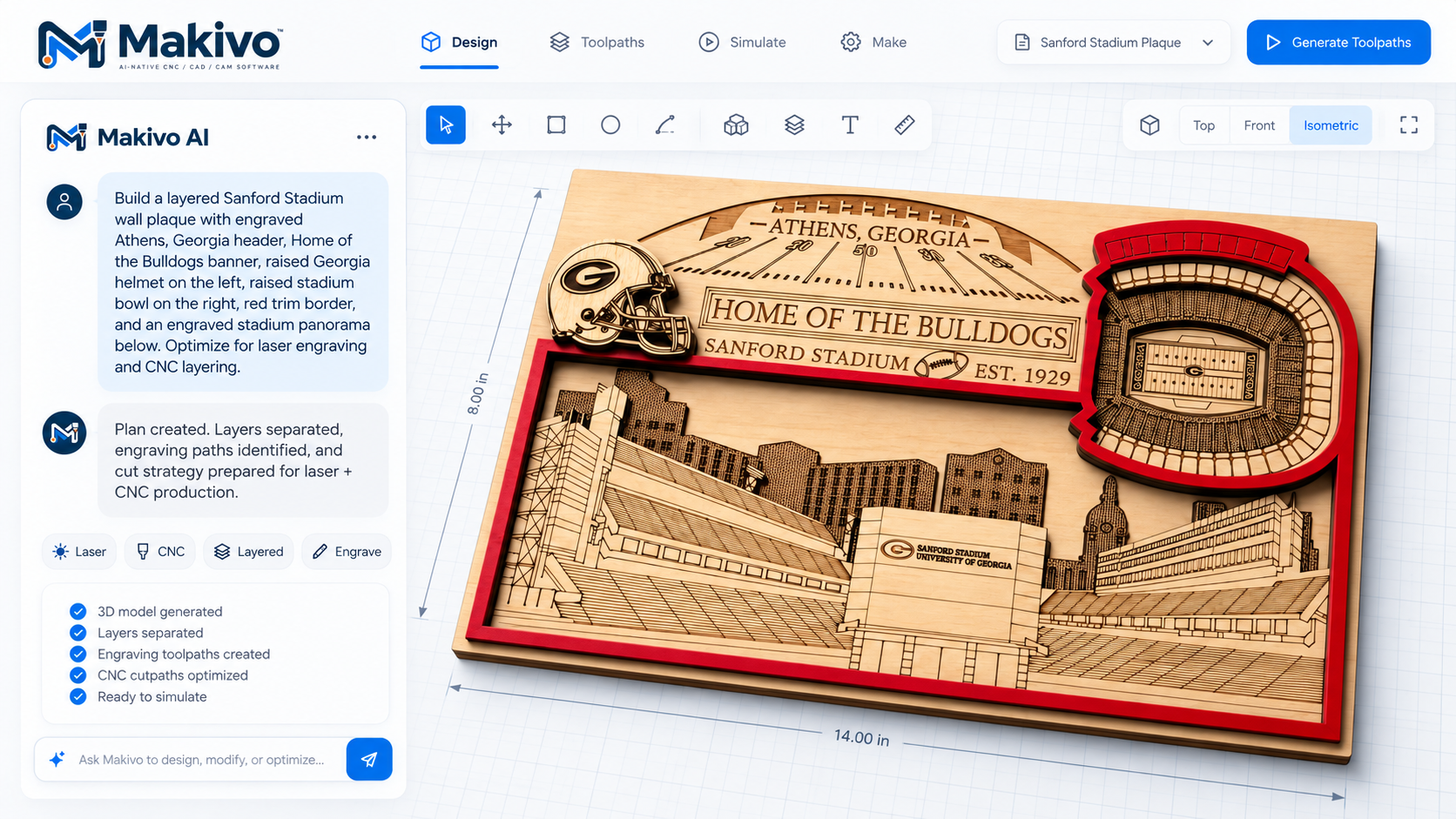 Makivo on Mac: the AI copilot plans a layered Sanford Stadium wall plaque while the 3D model, sized 8 by 14 inches, shows on the canvas